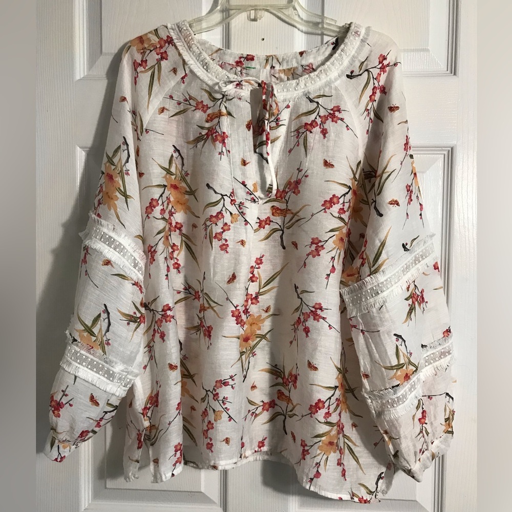 Boho Floral White Blouse Top 1X